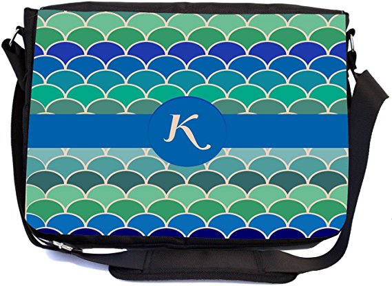 Rikki Knight Letter K Turquoise Sea Colors Scallop Monogrammed Design Multifunction Messenger Bag - School Bag - Laptop Bag - with padded insert for School or Work - includes Pencil Case