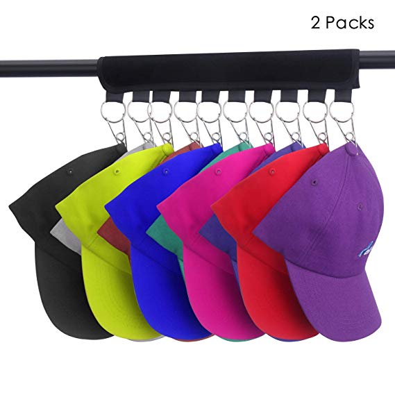 Cap Organizer Hanger,2 Set Baseball Cap Holder with 10 Stainless Steel Clips, Hat Organizer Rack for Closet,Foldable Clothes Drying Rack for Travel,Black