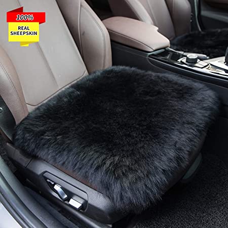 Sisha Sheepskin Seat Cushion Cover Winter Warm Natural Wool Car Seat Covers Universal Fit for Most Car, Truck, SUV, or Van Front Black