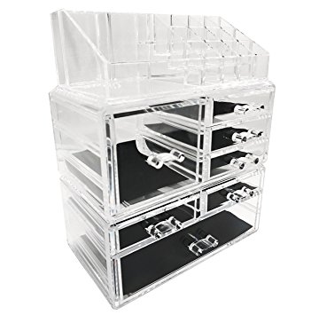 Cq acrylic Kardashian 7 Drawers and 16 Grid Makeup Organizer with Cosmetic Storage Cases, The Top of the Almighty as a Display Make-up Brush and Lipstick Holder,Clear 2 Piece Set