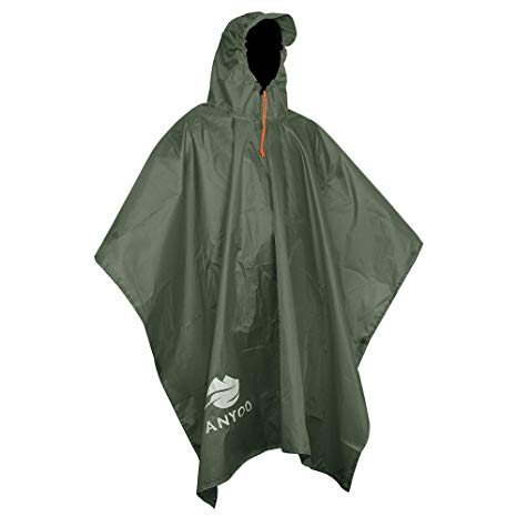 Anyoo Lightweight Waterproof Rain Poncho Reusable Ripstop Breathable Multi-use Raincoat for Men Women with Hood Packable Tarp Shelter Ground Sheet Ideal for Outdoors Camping Hiking Fishing