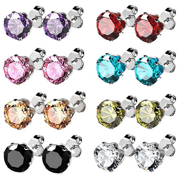 UHIBROS Jewelry Stainless Steel Womens Cubic Zirconia Stud Earrings Multicolor Set Piercing 8 Pairs