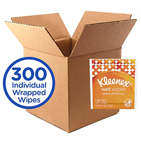 Kleenex Germ Removal Wet Wipes for Hands and Face, 1 Box of 300 Individually Wrapped Wipes