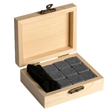 Hot Sale!! Whiskey Stones by Zeltin - Set of 9 Whiskey Rocks Ice Cubes in An Exclusive Pine Wood Gift Box   Velvet Bag!