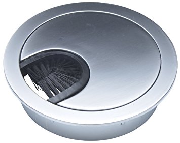 Matte Chrome Metal Cable Grommet - 2 Piece "Lock In" Feature with "Brush" Opening for Management of Office & Computer Desk Wires - 2 3/8" Hole Opening