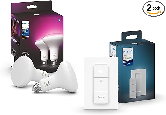 Philips Hue (2) 85W BR30 White and Color Ambiance LED Smart Color Changing Bulbs E26 with Philips Hue (1) Wall Smart Dimmer Switch and Remote, Installation-Free, White, Requires Hue Bridge