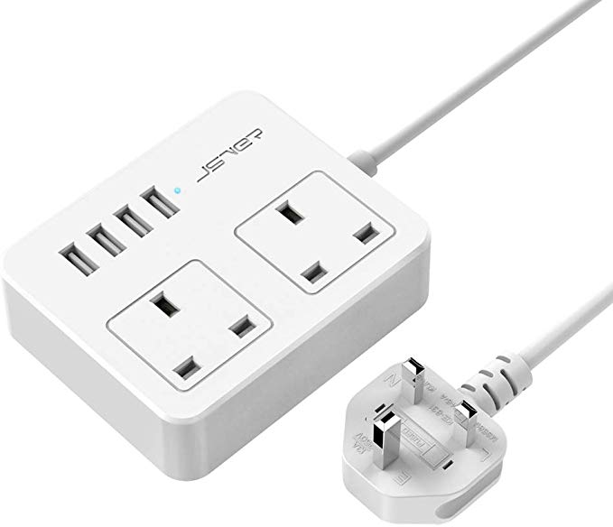 JSVER USB Extension Lead 2 Way Power Socket with 4 USB Ports(5V/3.1A) Power Strip 1.5 Meter Cord with USB Charging Slots Surge Protector for Home, Office, Travel -White