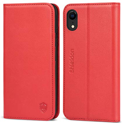 iPhone XR Case, SHIELDON Genuine Leather iPhone XR Wallet Folio Protective Case Book Design with Kickstand and RFID Credit Card Slots Magnetic Closure Compatible with iPhone XR (2018 Release) - Red