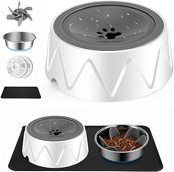 Odoland Dog Bowl Set - Dog Water Bowl with Feed Mat, Slow Feeder Dog Bowls, 50oz Large Capacity Dog Water Bowl - No Spill Dog Bowl - Slow Water Feeder Pet Water Dispenser for Dogs, Cats & Pets