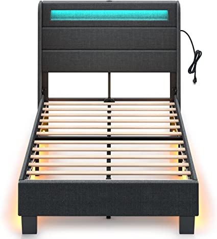 Rolanstar Bed Frame Twin Size with Headboard, Upholstered Platform Bed Frame Twin with LED Lights and USB Ports, Motion Activated Night Light & Solid Wood Slats, No Box Spring Needed, Dark Grey