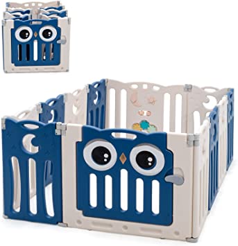 COSTWAY Baby Playpen, Safety Activity Center with Owl Pattern Lock Door, Rubber Pads & Anti-Slip Bases, Foldable Play Yard Fence for Babies, Toddlers (12 Panel, Navy Blue)