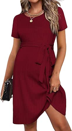 Ekouaer Women's Maternity Dress Short Sleeve Casual Pregnancy Dresses Rib Knit Crewneck Pregnant Clothes with Belt