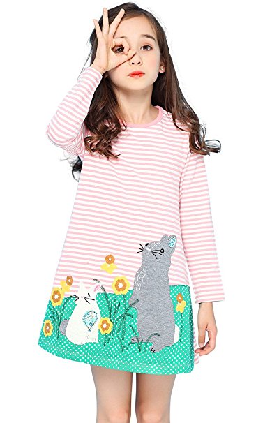 Girls Cotton Longsleeve Casual Dresses Striped Applique Cartoon by Fiream