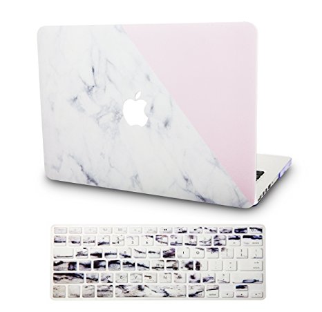 KEC MacBook Air 13 Inch Case with Keyboard Cover Plastic Hard Shell Rubberized A1369 / A1466 (White Marble with Pink)