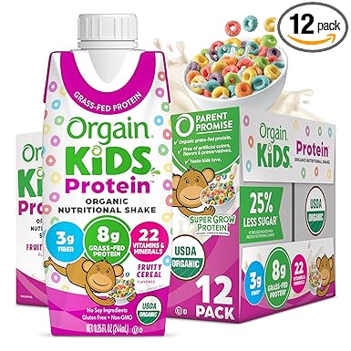 Orgain Organic Kids Nutritional Protein Shake, Fruity Cereal - Kids Snacks with 8g Dairy Protein, 22 Vitamins & Minerals, Fruits & Vegetables, Gluten Free, Soy Free, Non-GMO, 8.25 Fl Oz (Pack of 12)