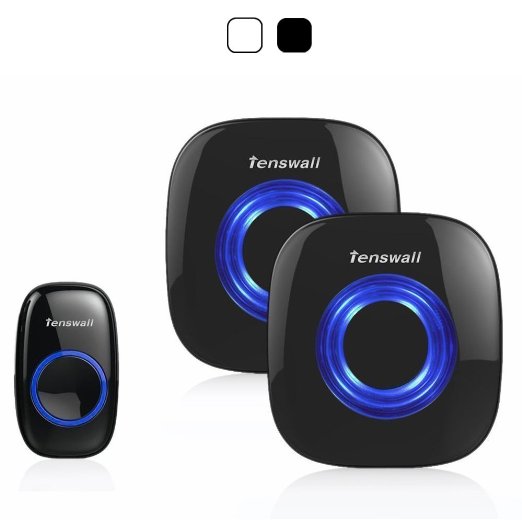 Tenswall Portable Wireless Doorbell Kit 52 Chime Tones Operating at 1000ft 300m Range 1 Push Button Transmitter with 1 Plug-In Door Chime AC Receiver and 1 Battery-Powered Door Chime DC Receiver - BLACK