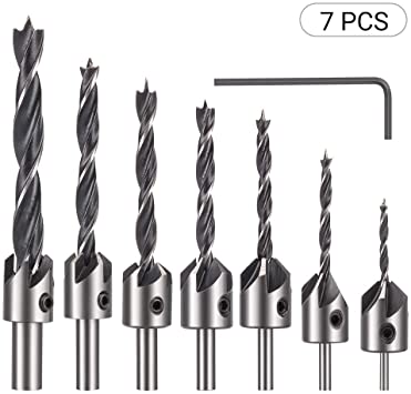 7Pcs Woodworking Countersink Drill Bit Set for Wood High Speed Steel, Woodworking Carpentry Reamer Perfect for Plastic Wood DIY, with Hex Key Wrench