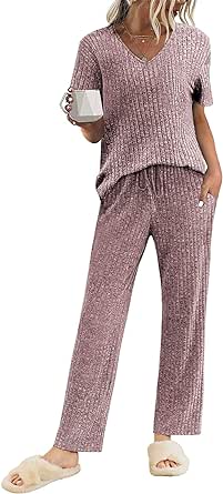 Ekouaer Womens Ribbed Knit Lounge Set Short Sleeve Top and Long Pants Sleepwear Pajama Set Two Piece Matching Outfits Set