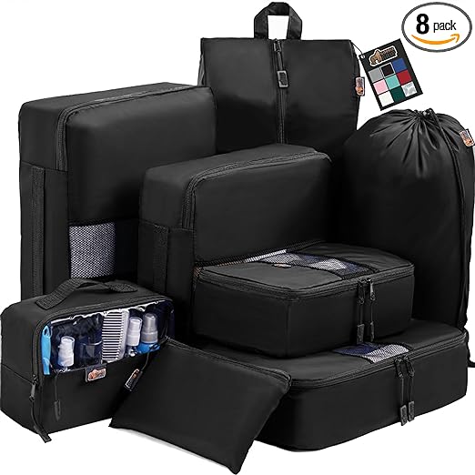 Gorilla Grip 8 Piece Packing Cubes Set, Space Saving Organizers for Suitcases and Luggage, Mesh Window Bags, Travel Essentials for Carry On Clothes, Shoes, Toiletry Accessories Cube with Zipper, Black