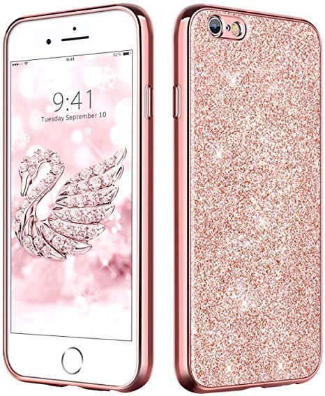 DUEDUE iPhone 6 Case Bling,iPhone 6S Case,Slim Hybrid Hard PC Cover Shockproof Non-Slip,Glitter Full Body Protective Phone Cover Case for iPhone 6/iPhone 6S for Women/Girls,Rose Gold