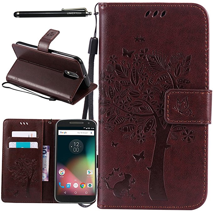 Moto G4 Case, Moto G4 Plus Case, Linkertech [Kickstand Feature] PU Leather Wallet Flip Pouch Case Cover with Wrist Strap & Card Slots for Moto G (4th Generation) / G4 Plus (Brown)