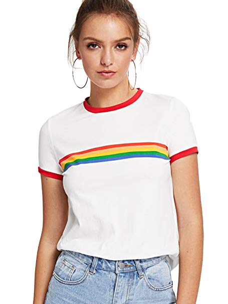 Romwe Women's Slim Fit Short Sleeve Rainbow Striped Colorblock Print Ringer Tee