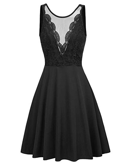 GRACE KARIN Women Sleeveless Lace Patchwork Open Back A Line Flare Party Dress