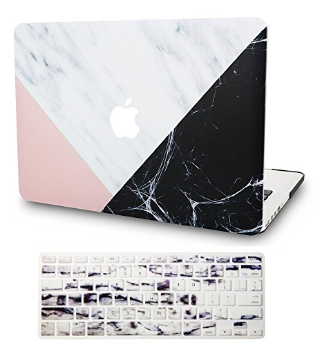 KEC MacBook Air 13 Inch Case with Keyboard Cover Plastic Hard Shell Rubberized A1369/A1466 (White Marble with Pink Black)