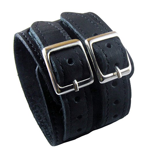 2" Wide Classic Design Black Punk Rock Biker Leather Bracelet Bangle Bracelet Cuff Wristband for Men Women Boys Girls Unisex - Adjustable (LSB002)