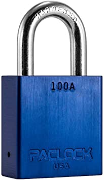 PACLOCK's 100A Series, Buy America Act Compliant, Blue Anodized Aluminum, High Security 6-Pin Cylinder, One Lock Keyed to #26540 w/ 2 Keys, Hardened Steel Shackle, 1-1/8" Height
