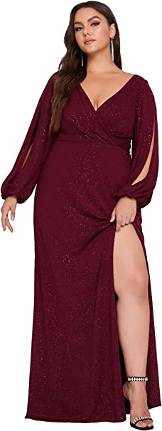 Ever-Pretty Plus Women's Glitter V-Neck Side Slit Plus Size Evening Dresses with Long Sleeves 70110