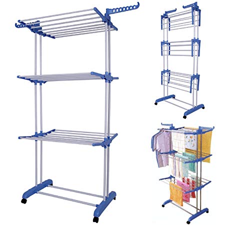 MultiWare Foldable 3 Layer Tier Clothes Airer Folding Hanger Dryer Stand Rack Powder Coated Tube Indoor Outdoor Laundry