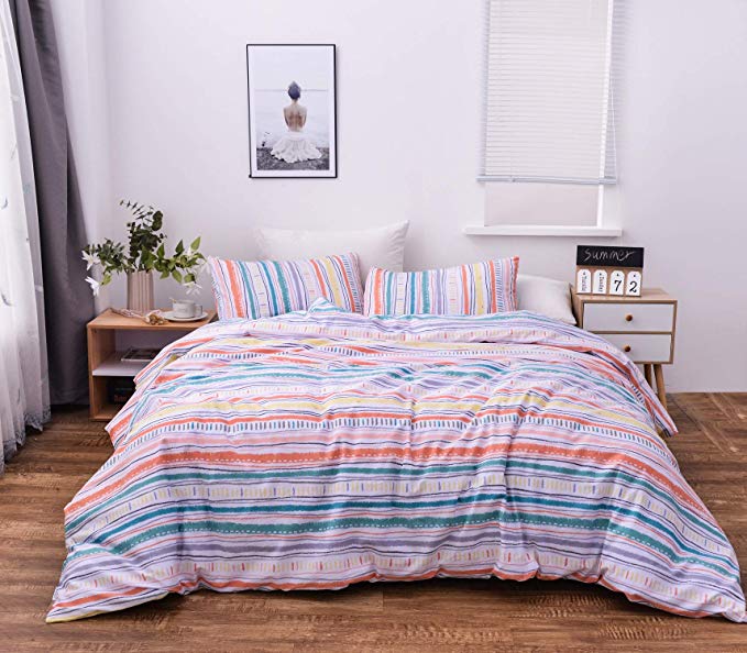 Colourful Snail 100-Percent Natural Washed Cotton Colorful Stripe Pattern Duvet Cover Set, Grey, Contemporary Style, Ultra Soft and Easy Care, Fade Resistant, Queen/Full