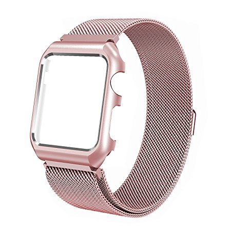 Apple Watch Band 38mm Milanese Loop Stainless Steel Mesh with Adjustable Magnetic Replacement Wrist Band with Protective iwatch Case for Series 1/2 Apple Watch Gold Women Nike (Rose Gold)