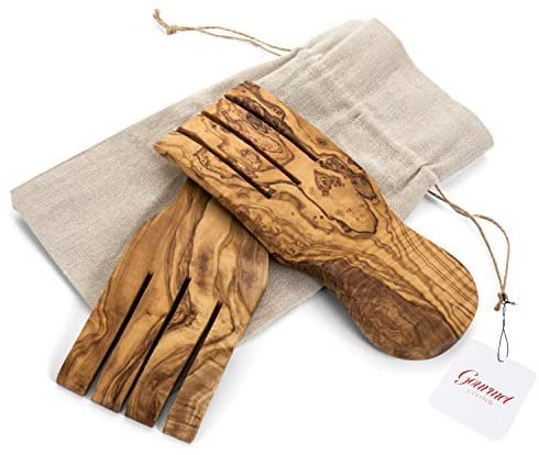 Gourmet Living Olive Wood Salad Servers | Wooden Claws for Cooking and Tossing Salads | Each Natural Wood Hand is Enclosed in a Linen Bag