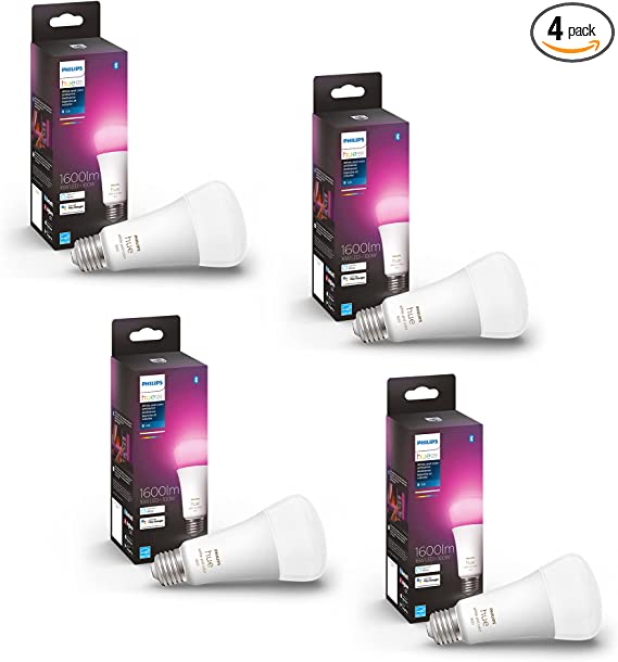 Philips Hue 4-Pack White and Color A21 High Lumen Smart Bulb, 1600 Lumens, Bluetooth & Zigbee Compatible (Hue Hub Optional), Compatible with Alexa & Google Assistant Done