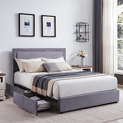 Full Size Upholstered Platform Bed Frame Platform with 4 Storage Drawers, Adjustable Velvet Rivets Headboard, Wooden Slats Support, No Box Spring Needed, Easy Assembly