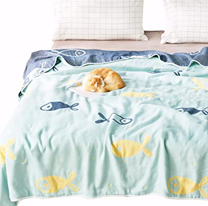 J-pinno Fish Muslin Blanket Reversible Cozy 100% Cotton 6 Layer Quilt Bed Blanket Throw Sofa Couch Toddler Kids Cartoon Travel Coverlet Sheet (Fish, Crib 46" X 56")