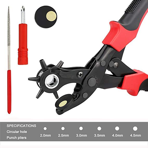 Xubox Leather Hole Punch Tool, Professional Revolving Punch Plier Kit for Easily Punching Perfect Round Holes, Belt Hole Puncher with Brass Pad, Screwdriver for Belt, Saddle, Watch Strap, Shoe, Fabric