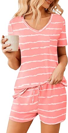 Ekouaer Women Pajama Sets 2 Piece Lounge Sets Short Sleeve Casual V Neck Summer Sleepwear PJS