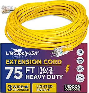 75 ft Power Extension Cord, Indoor Outdoor, Heavy Duty, 3 Prong SJTW, 16 Gauge, Lighted End, Extra Durability, 13 AMP 125 Volts 1625 Watts,16/3, by LifeSupplyUSA - Yellow (1 Pack)