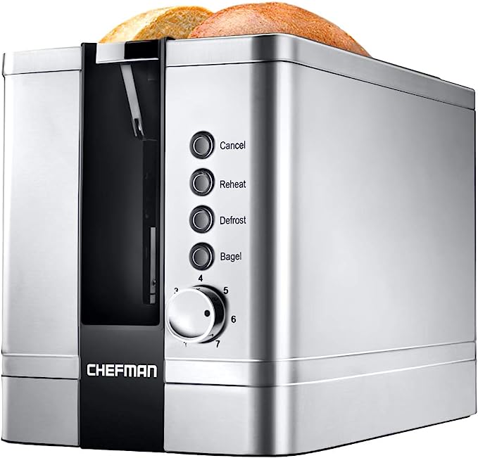 Chefman 2-Slice Pop-Up Stainless Steel Toaster w/ 7 Shade Settings Extra Wide Slots for Toasting Bagels, Defrost/Reheat/Cancel Functions, Removable Crumb Tray, 850W, 120V, Silver