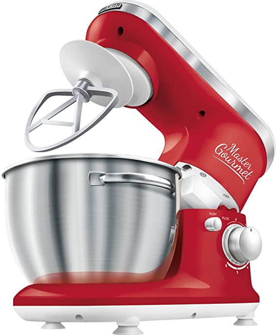 Sencor STM3624RD 6 Speed Stand Mixer With Pouring Shield and 4 Specialized Metal Attachments and Stainless Steel Bowl, 4.2 Qt, Red