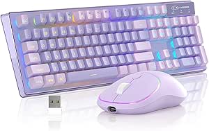 Wireless Gaming Keyboard and Mouse Combo, MageGee V550 2.4G Rechargeable RGB Backlit Keyboard with Clear Shell, Full Size Waterproof Keyboard & Quiet LED Mice for PC/Laptop - Purple