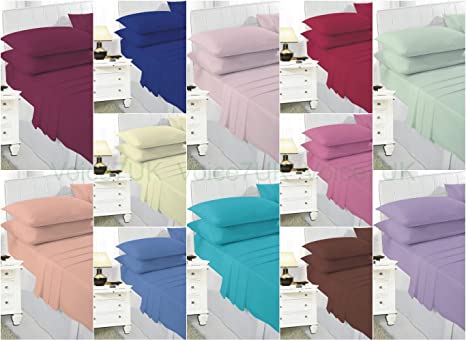 Voice7 New EASY CARE Flat Bed Sheets ~ with FREE Pillowcases ~ Fabric PolyCotton 19 Decent COLORS & UK SIZES (KING (with FREE Pillowcases), WHITE)