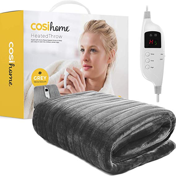 Cosi Home® Luxury Electric Heated Throw & Over Blanket - Extra Large, Machine Washable Fleece with Digital Remote, Timer and 9 Heat Settings (Grey)