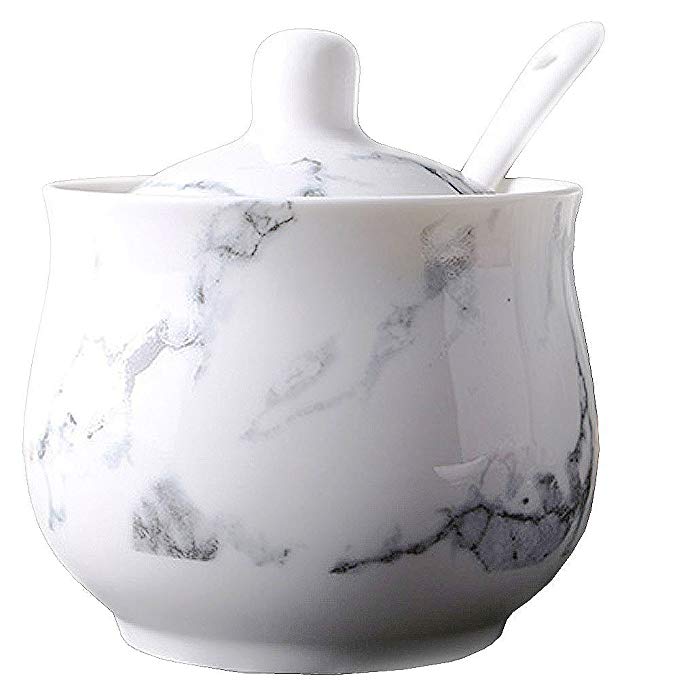 Ceramics Marbling Sugar Salt Pepper Storage Jar Seasoning Pot with Lid And Spoon