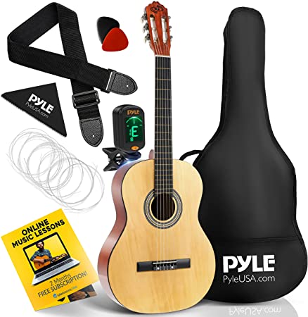 Pyle Classical Acoustic Kit-Junior 6 Linden Wood Guitar w/Gig Bag, Tuner, Nylon Strings, Picks, Strap, for Beginners, Adults, Right, Natural Gloss, 39” (PGACLS90)