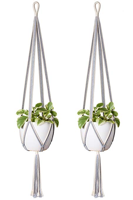 Mkono 2 Pack Macrame Plant Hanger Indoor Outdoor Hanging Planter Cotton Rope Basket Boho Home Decor, Ivory and Grey