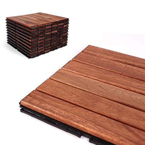 Deck Tiles - Patio Pavers - Acacia Wood Outdoor Flooring - Interlocking Patio Tiles - 12"x12" (6 Pack) - Oiled Acacia Finish - Straight Pattern Decking